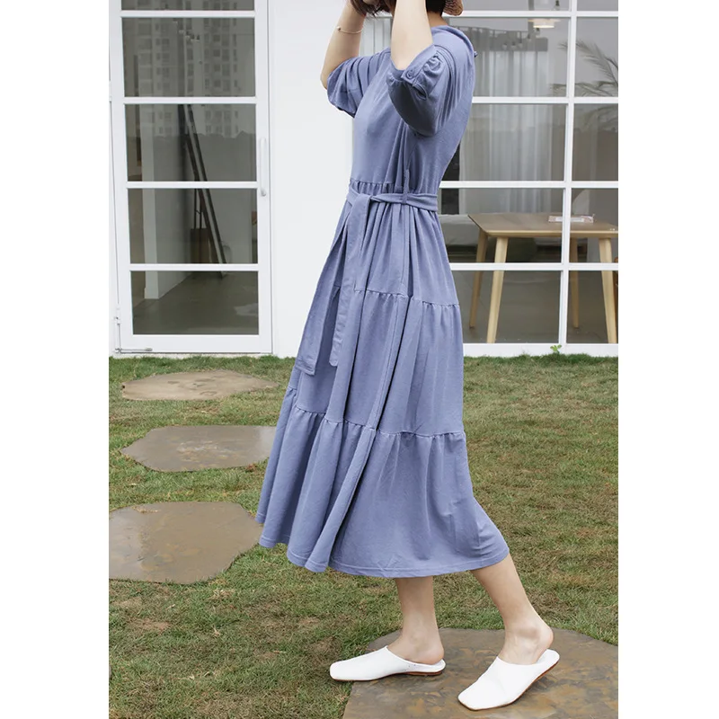

2019 Summer New Style Three-quarter-length Sleeve High-waisted Dress South Korea Solid Color Crew Neck Joint Long Elegant Skirt