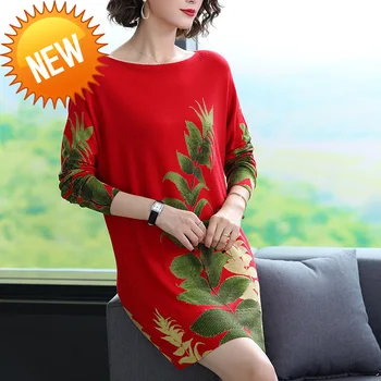 

dress Straight Autumn Winter Slash neck Long Sleeve Sweater Dress Women Green leaf pattern Printed knit dress