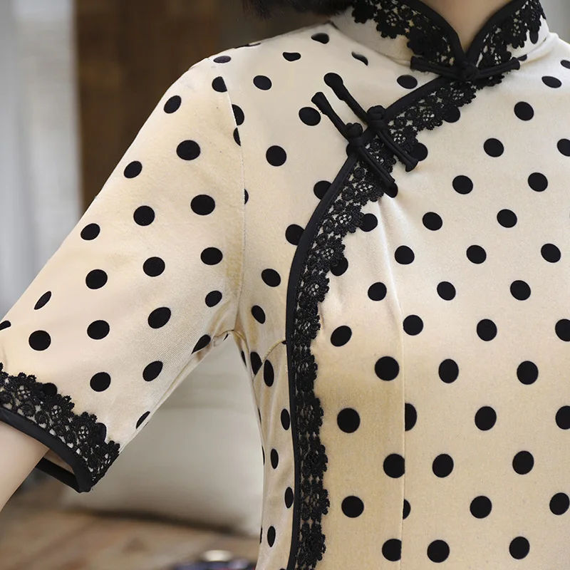LZJN 2019 New Women Chinese Traditional Cheongsam Elegant Slim Oriental Style Lace Dresses Long Qipao Dot Print Half Sleeve (3)