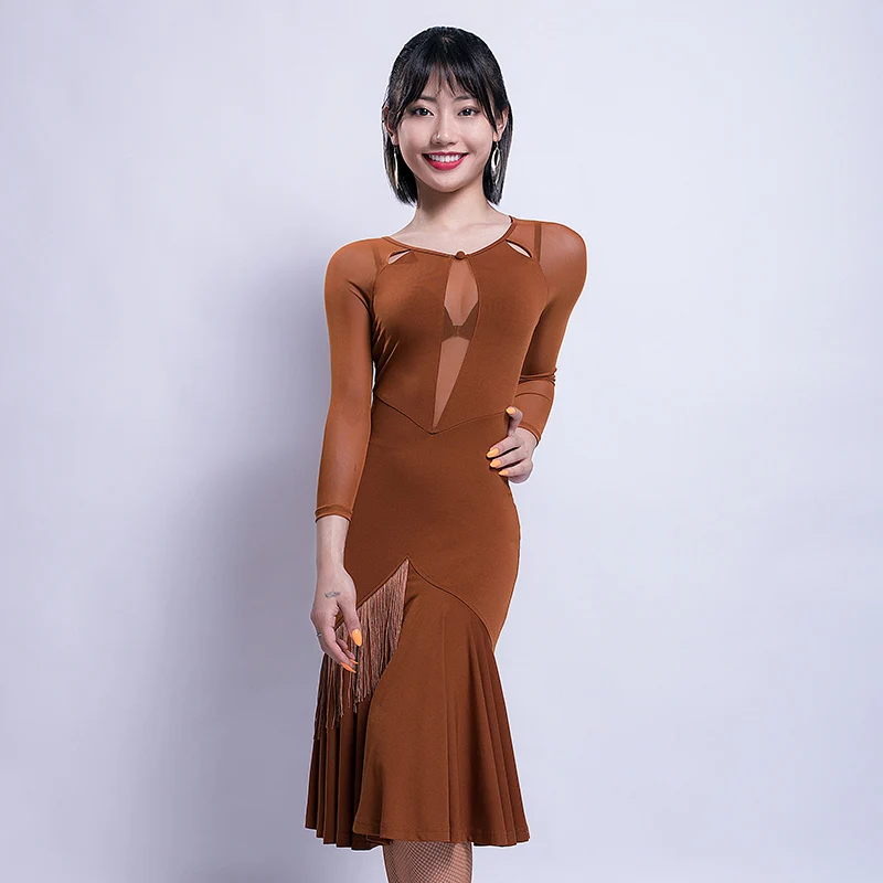 

New Arrival Latin Dance Dress Woman Lady Sexy Perspective Long Dresses Ballroom Flamengo Salsa Stage Dress For Dancing DL4240