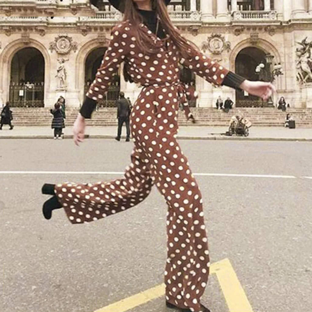 Womail, женский комбинезон, Boho, элегантный, в горошек, с длинным рукавом, модный, длинный, для девушек, комбинезон, комбинезоны, широкие, для подвижных игр, рабочая одежда