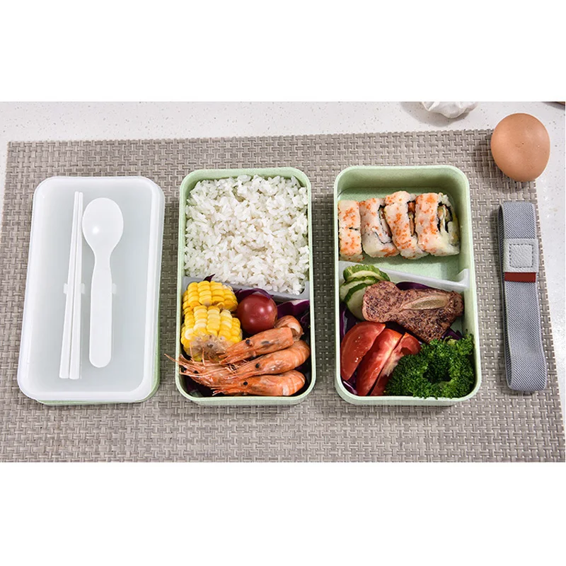 

1200ml Double Layer Wheat Straw Lunch Box Microwave Safe with Chopsticks Spoon PI669