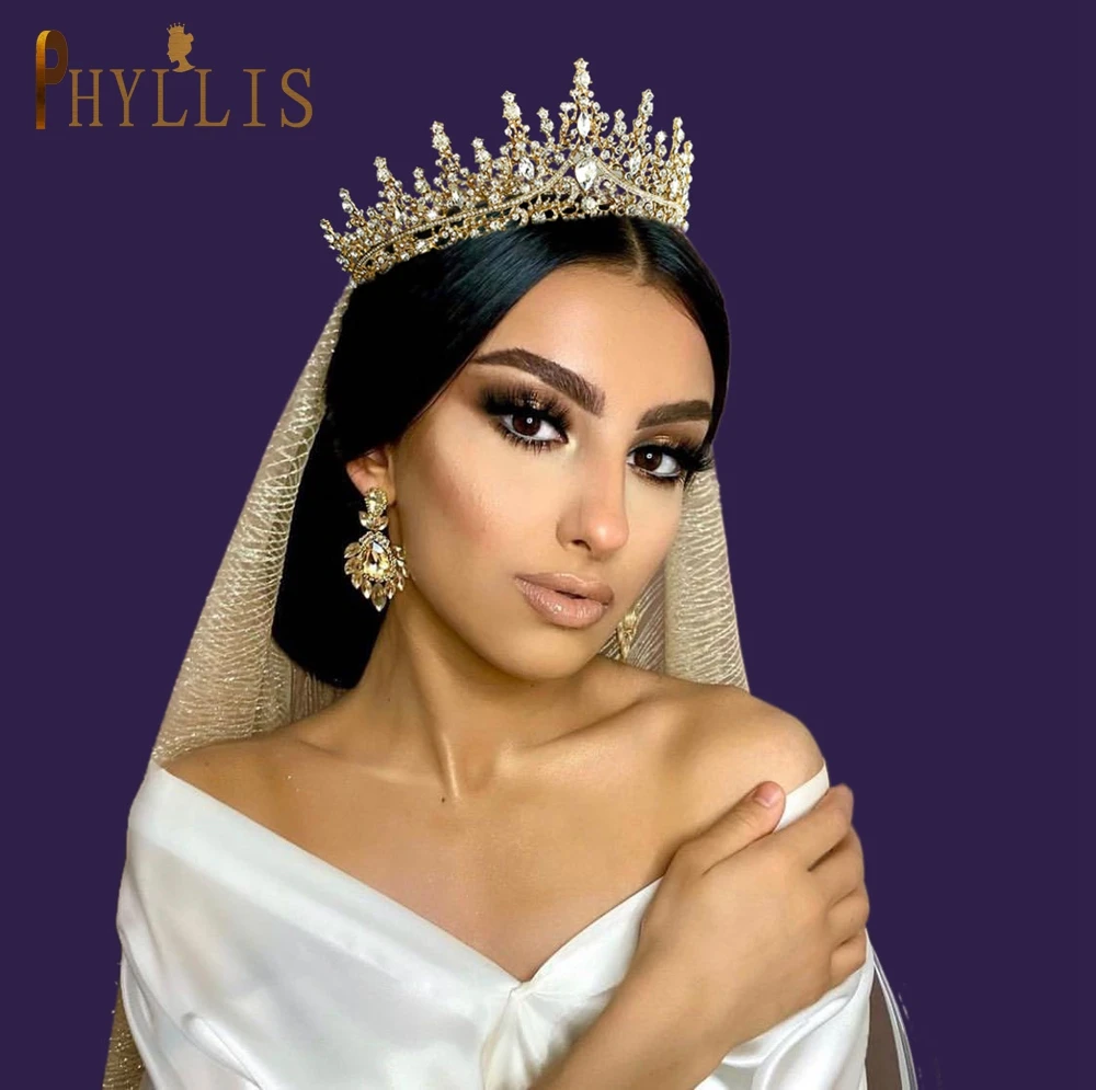 A158 Golden Bridal Crown Hair Accessories Crystal Women Tiaras Rhinestone Headband Vintage Wedding Hair Jewelry Bride Headwear