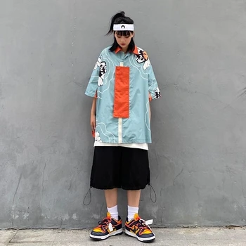 

two piece set summer Hong Kong flavor Harajuku style short-sleeved shirt and loose straight casual five-point pants student suit