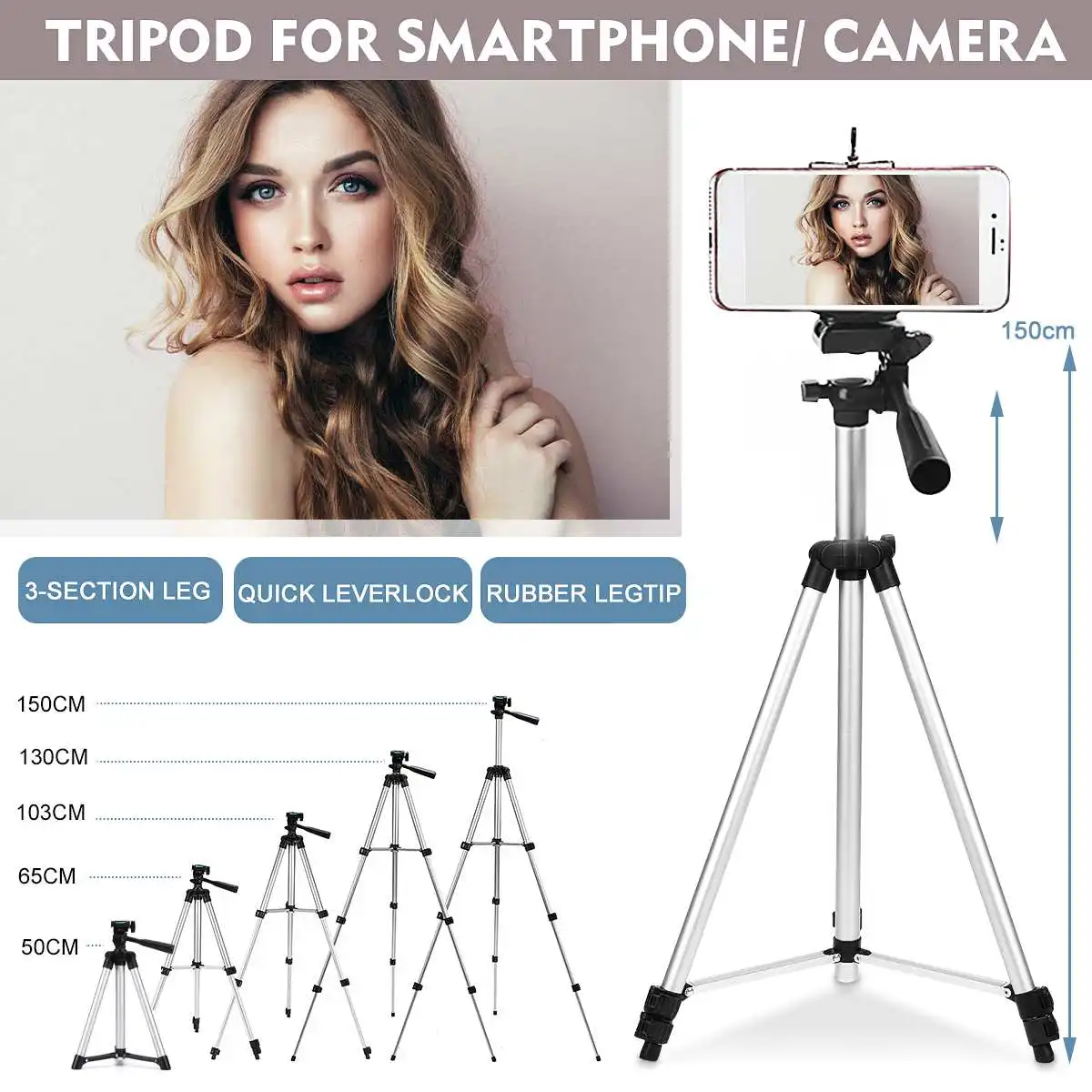 Extendable Adjustable Tripod 50/65/103/130/150cm Aluminium Tripods Stand Mount Holder Clip for
