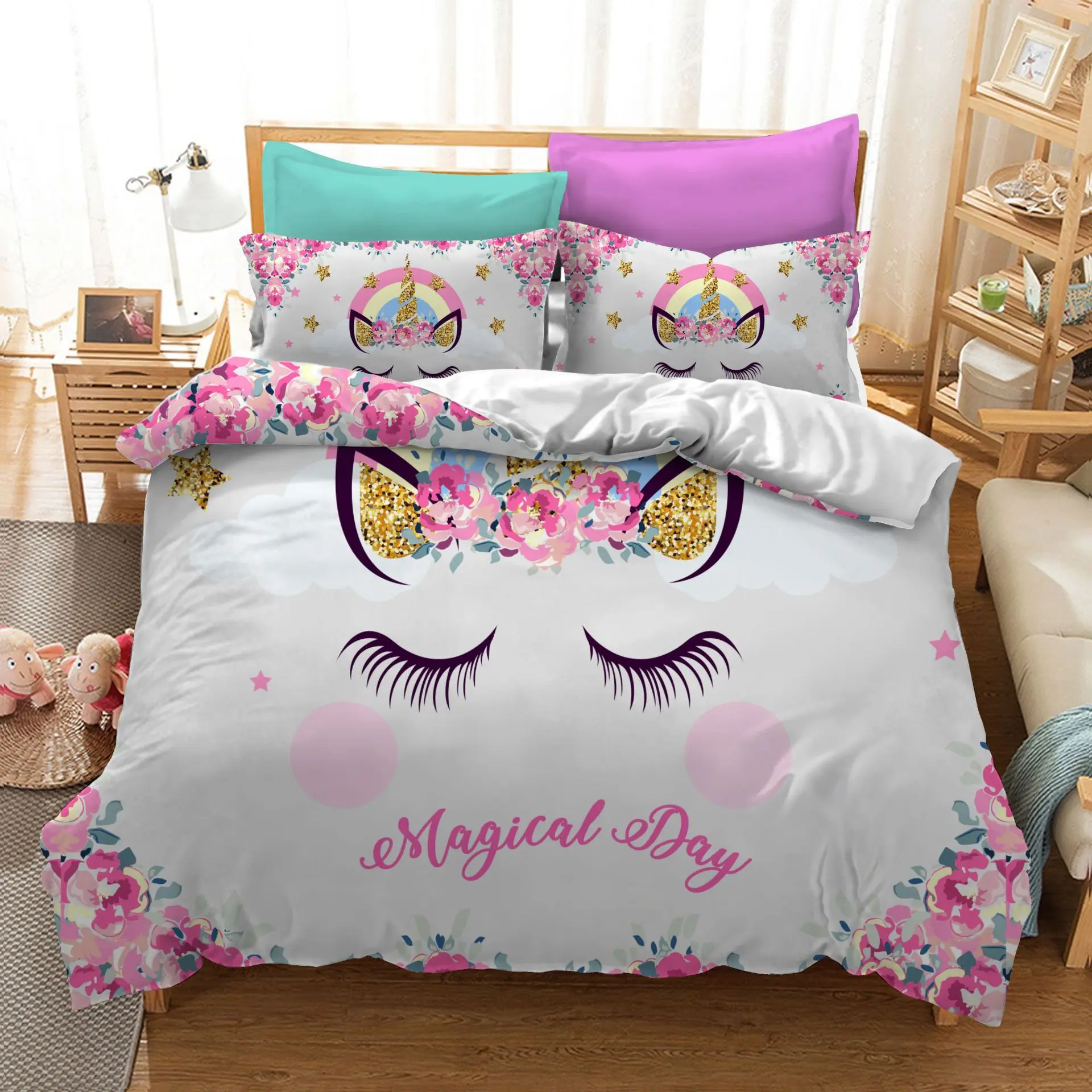 

3D Digital Printing Unicorn Bedding Sets for Birthday Party Gift Quality Duvet Cover Set 100% Microfiber White Background