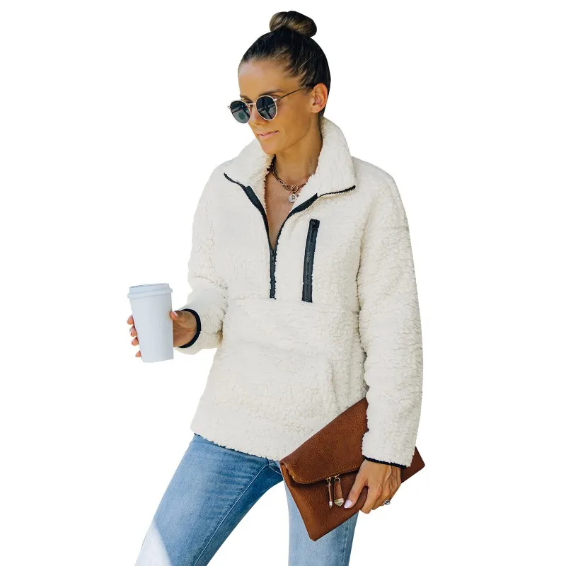 Fashion Plush Long-Sleeved High-Necked Top Loose Pocket Casual Jacket 2021 Winter Solid Color Female Slim-Fit All-Match Sweater