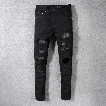 

Fashion men's jeans black elastic ripped jeans men's punk pants patchwork hip-hop skinny jeans