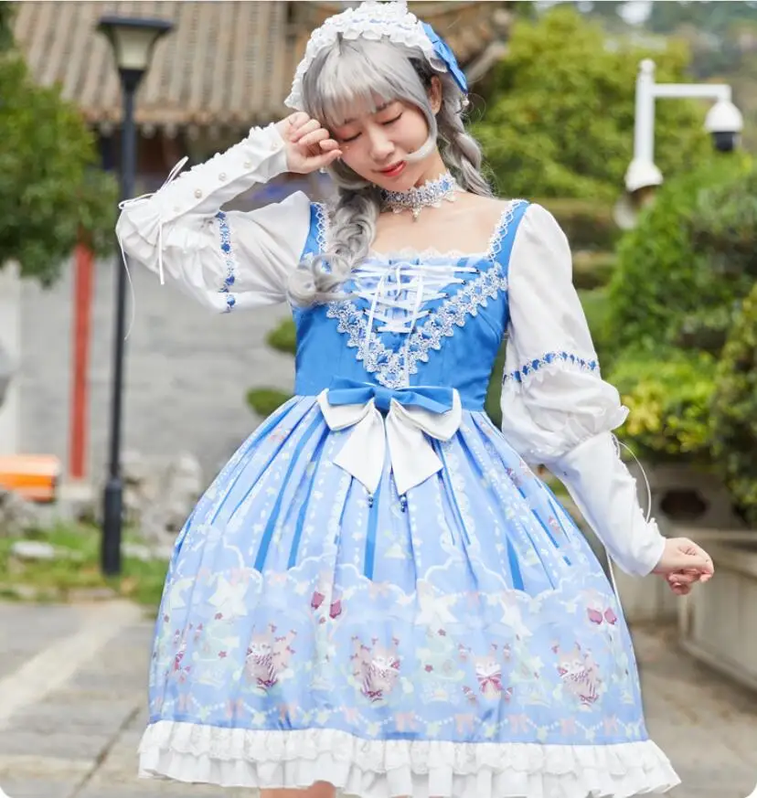 Колледж элегантное милое платье Kawaii OP Винтаж платье для косплея в стиле «лолита» с длинным рукавом милые туфли в стиле Mori Girl, Чай вечерние лоли платье вечерние платья