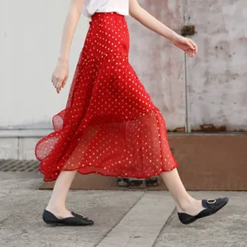 

High Waist Long Skirt Dot Jacquard Silk Skirt Women Mid Calf A Line Skirt Female Clothing