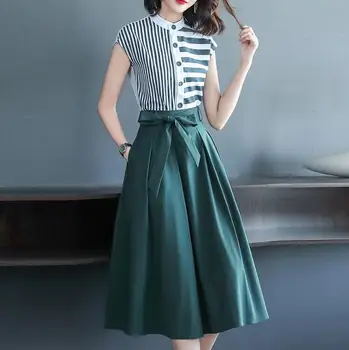 

green Summer Women Office Two Piece Set Casual Striped Shirts Blouses and Bow Midi Skirt Female Business Formal Skirt Suit Sets