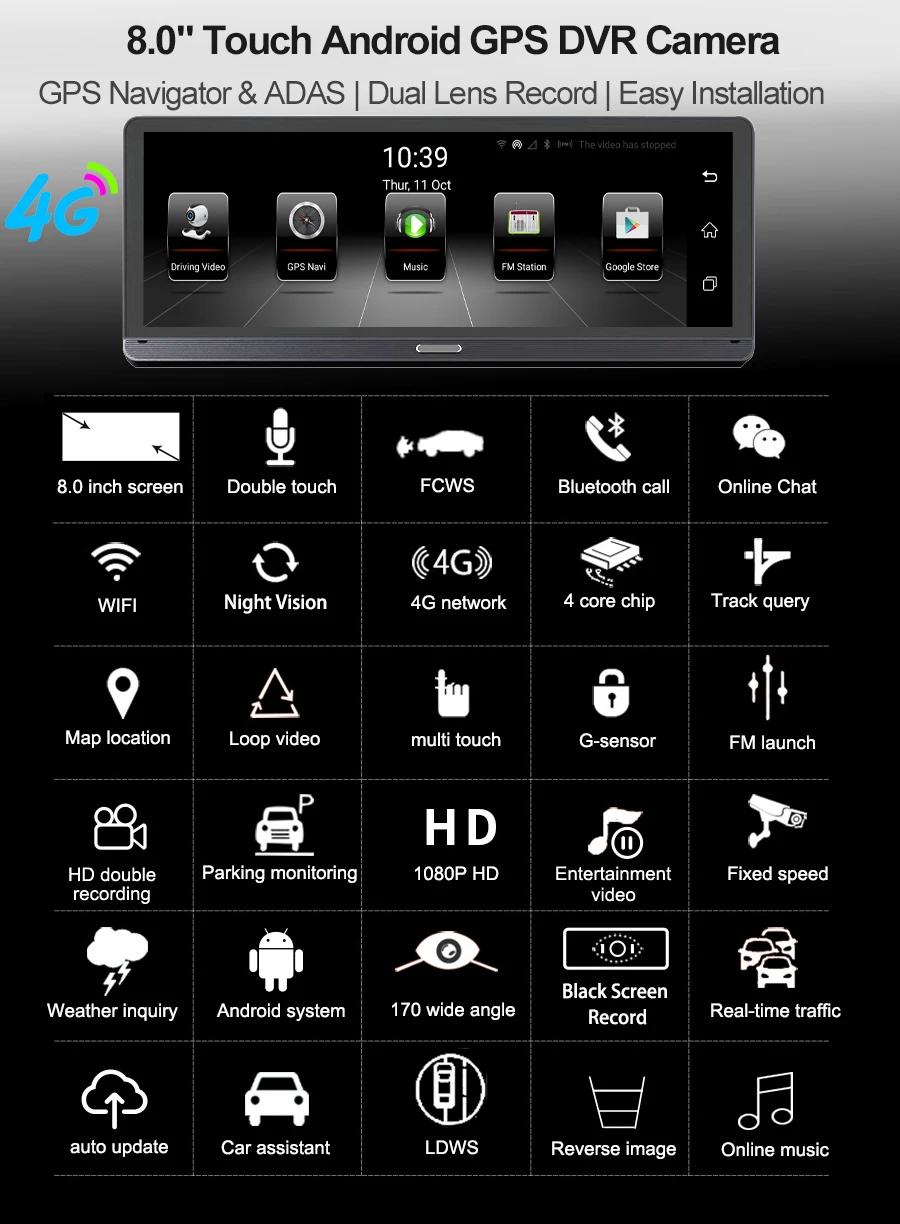 4G Видеорегистраторы для автомобилей Камера 8," ips сенсорный gps навигатор Android 5,1 ADAS автомобиля Регистраторы 1080P HD Автомобильный видеорегистратор с режимом ночной съемки заднего вида Камера