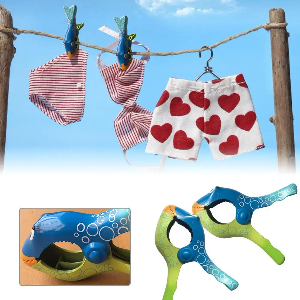 

2Pcs Powerful Laundry Big Clip Beach Towel Clip Imitation Fish Beach Quilt Clips Plastic Thick Windproof Clothespin Storage Clip