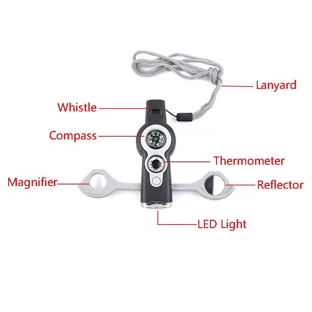 

Camping Multi-Functional Whistle Compass 7 in 1 Survival Camping Thermometer Boating Camping Hiking Hunting Outdoor Tool