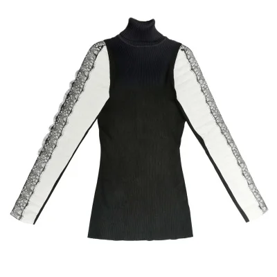 turtleneck Высококачественные Повседневные вязаные свитера, осенне-зимние женские свитера с кружевами белого цвета из искусственной кожи, лоскутные свитера, пуловеры NS433 - Цвет: turtleneck