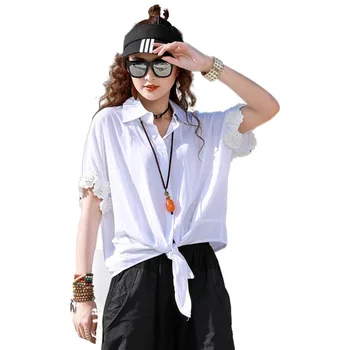 

Female Foreign Style Blouse And Tops For Women Solid Color All Match Shirts Summer 2020 Clothes Lace Short Sleeve Shirt Z2
