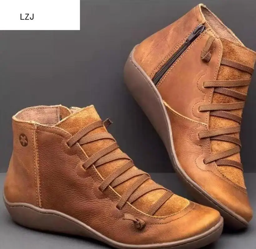 

Women Winter Snow Boots Genuine Leather Ankle Spring Flat Shoes Woman Short Brown Botas with Fur 2020 for Women Lace Up Boots