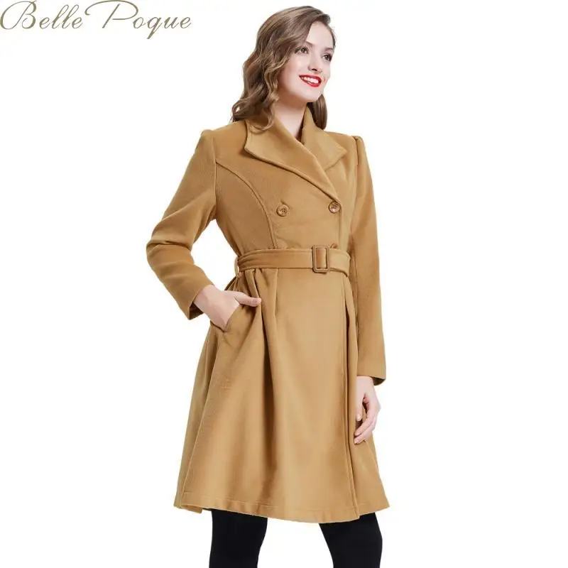 Belle Poque Элегантное длинное женское пальто с лацканами, 2 кармана, куртки с поясом, одноцветное пальто, женская верхняя одежда, зимние куртки