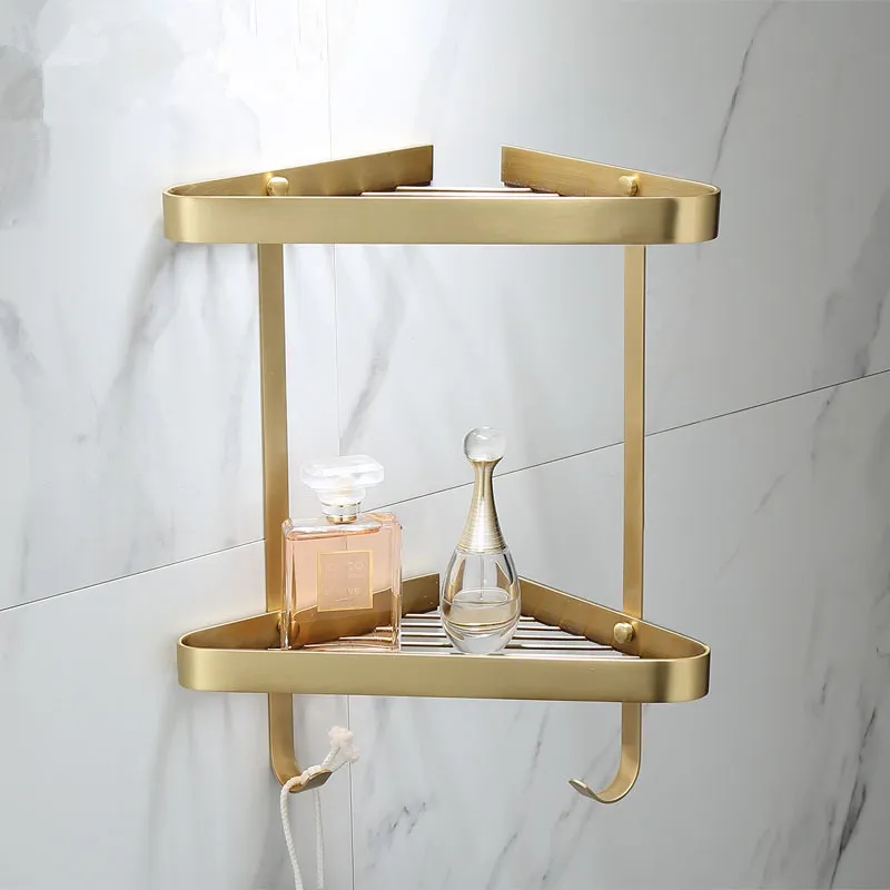 Two Layers Brushed Gold triangle Bathroom Brass Shower Caddy Storage Shelves 