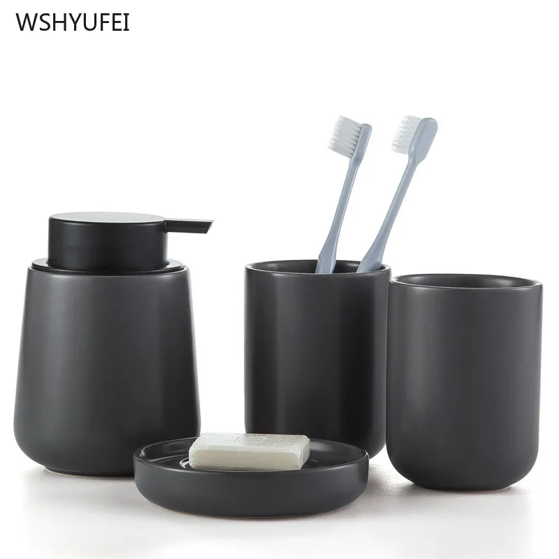 WSHYUFEI Nordic bathroom gray simple ceramic bathroom four-piece toothbrush holder lotion bottle soap box bathroom wash set