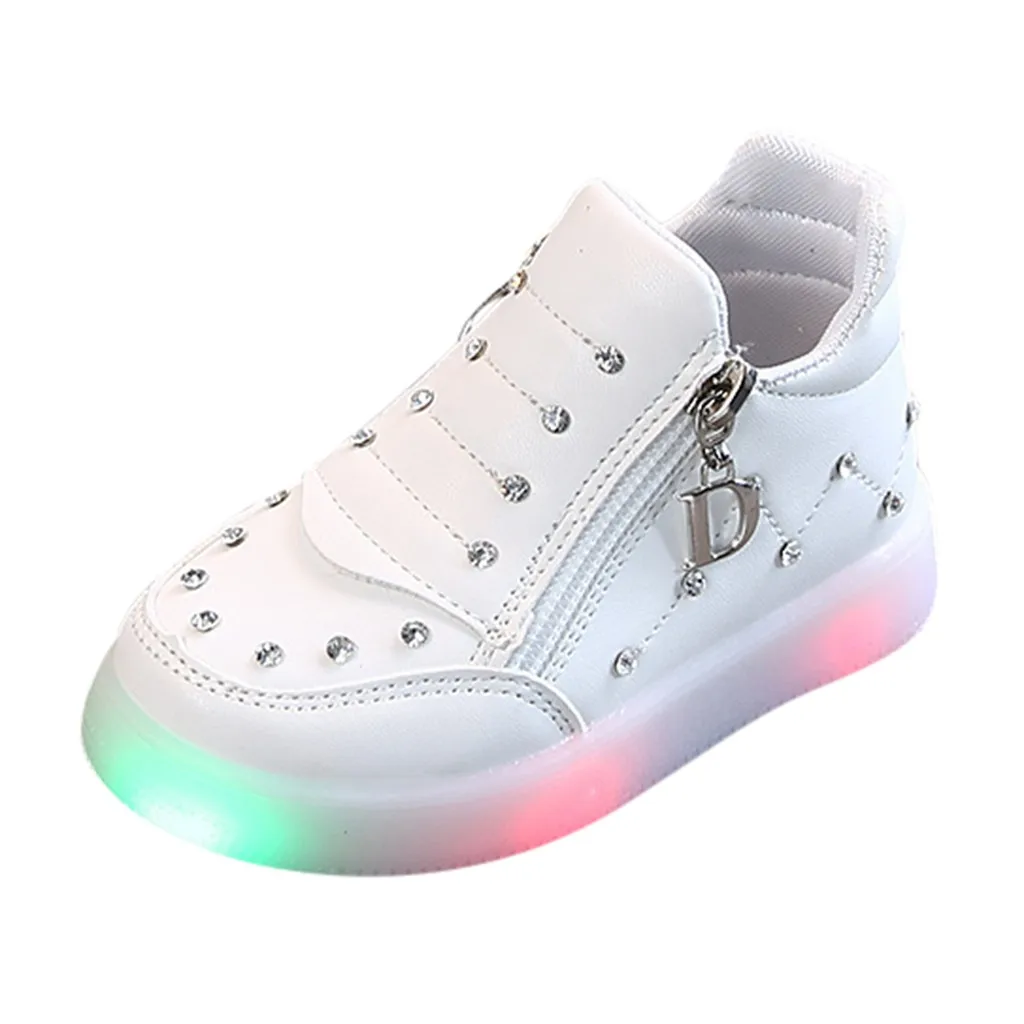 TELOTUNY обувь со светящимися светодиодами для девочек; обувь с кристаллами на молнии; Светодиодный светильник; Детский Светильник; обувь; светящиеся Детские кроссовки; 101 - Цвет: WH