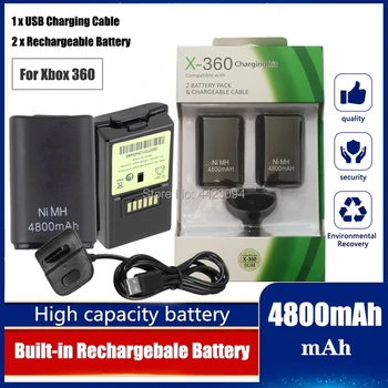 Batería de 4800mah + Cable de carga USB para Xbox 360, controlador inalámbrico/alámbrico, paquete de batería recargable