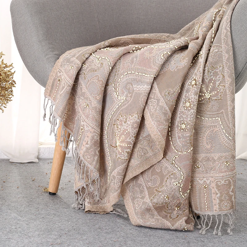 Thicken Women Pashmina Beads Lady Shawls Autumn Imitation Cashmere Softy Echarpes Scarf Handmade High Quality Cachecol Feminino Thicken Women Pashmina Beads Lady Shawls Autumn Imitation Cashmere Softy Echarpes Scarf Handmade High Quality Cachecol Feminino