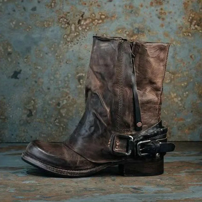 Женские ботинки до середины икры; chaussure boots; винтажные теплые ботинки-гладиаторы из искусственной кожи на среднем каблуке без застежки; zapatos mujer sapato; H793
