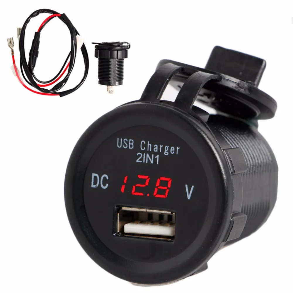

Waterproof 2.1A Car Motorcycle 2in1 USB Port Phone Charger + Led voltmeter Car Interior Battery Charging Units Round Shape