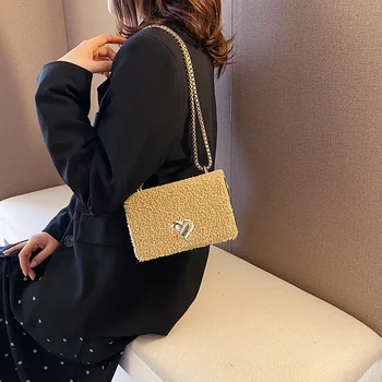 

New Style 2020 Winter Fashion Lambs Wool Square Sling Bag Girly Style Tao Xin Suo Shoulder WOMEN'S Bag