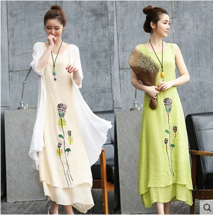 

2019 Spring And Autumn New Style WOMEN'S Dress Dress Outfit Loose-Fit Two-Piece Set Cotton Linen Ethnic-Style Mid-length Artisti