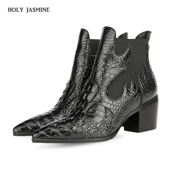 

Rivet Motorcycle Western Cowboy Boots Women Animal Crocodile Pattern PU Leather High Heels Cowgirl Booties Ankle Botas Shoes