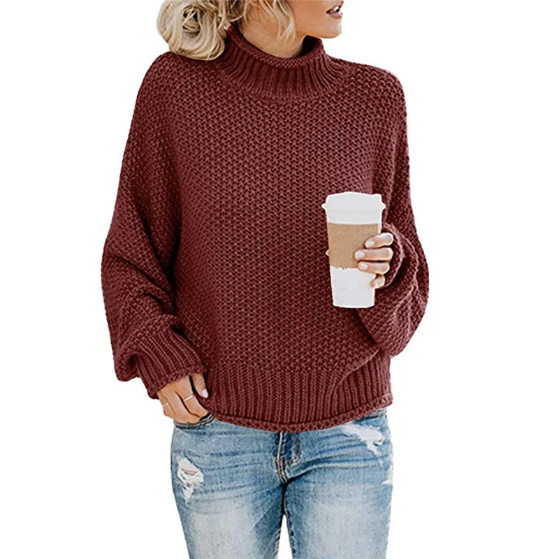 Женский свитер, свободный Зимний вязаный джемпер с высоким воротом, повседневные красные свитера для девушек, высокое качество, толстый женский свитер большого размера