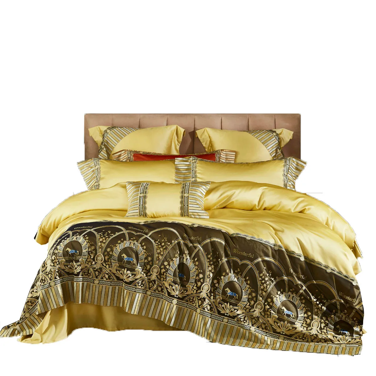 

Golden High-End Lace Cotton Four-Piece Bedding Cotton Silky Satin Eight-Piece Set bed sheet set bed sheets luxury