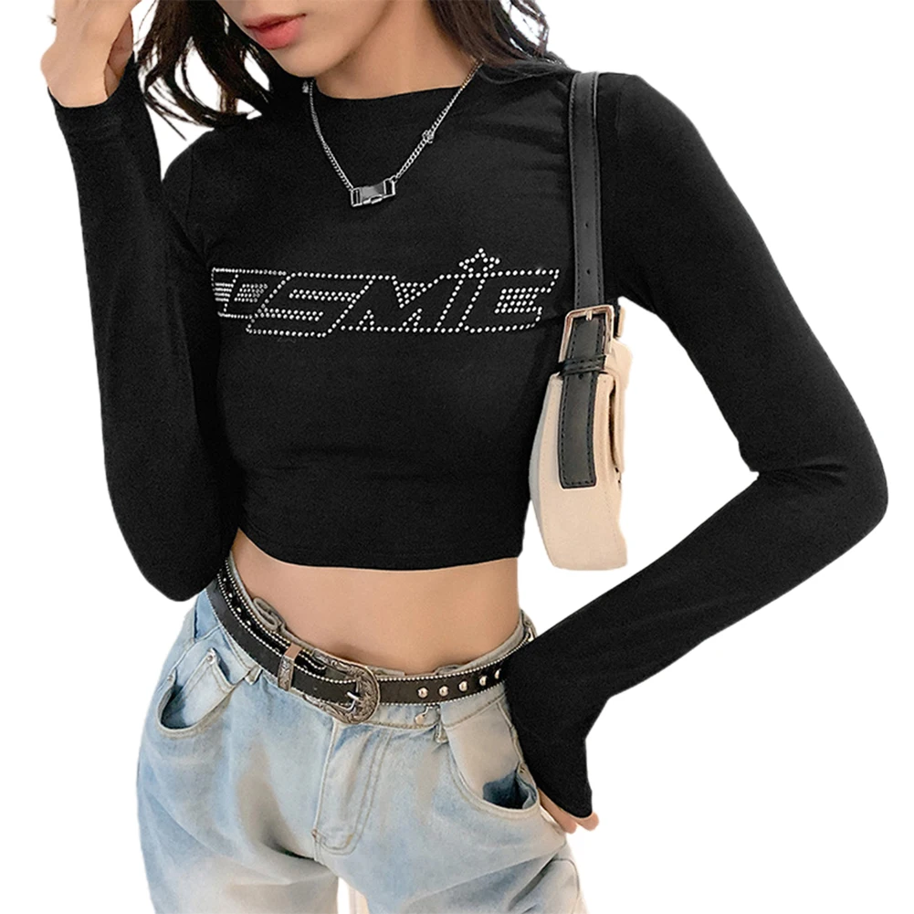 

O-neck Long Sleeve Slim Fit T-shirts E-girl Butterfly Graphic & Letter Printing Stitch Short Pullover Tee Tops Fall Grunge Style