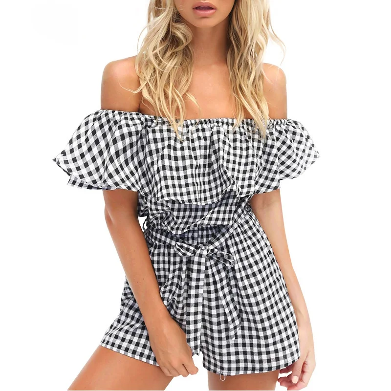 

Explosion Models 2019 New Cotton One Word Collar Lotus Leaf Small Square Lattice Jumpsuit Short Straight Sashes Bodysuit
