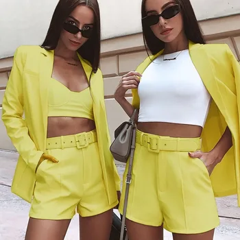 

Suit Loose Coat Shorts Suit Woman Autumn 2019 Solid Color Belt Lapel