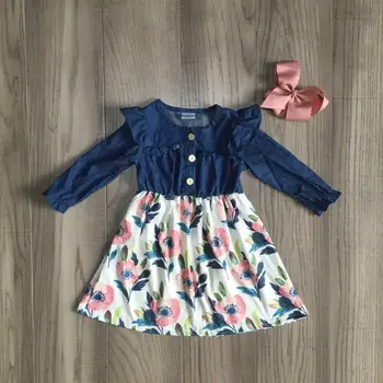 

children girls clothes girls fall dress girls floral dress girls denim long sleeve dress with bows