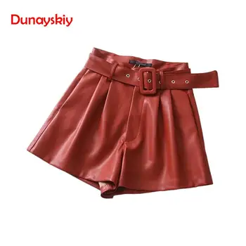 

2020 Spring Summer New Women PU Bermuda Shorts Orange Color Faux Leather Belted Shorts Fashion Hot Sale High Waist