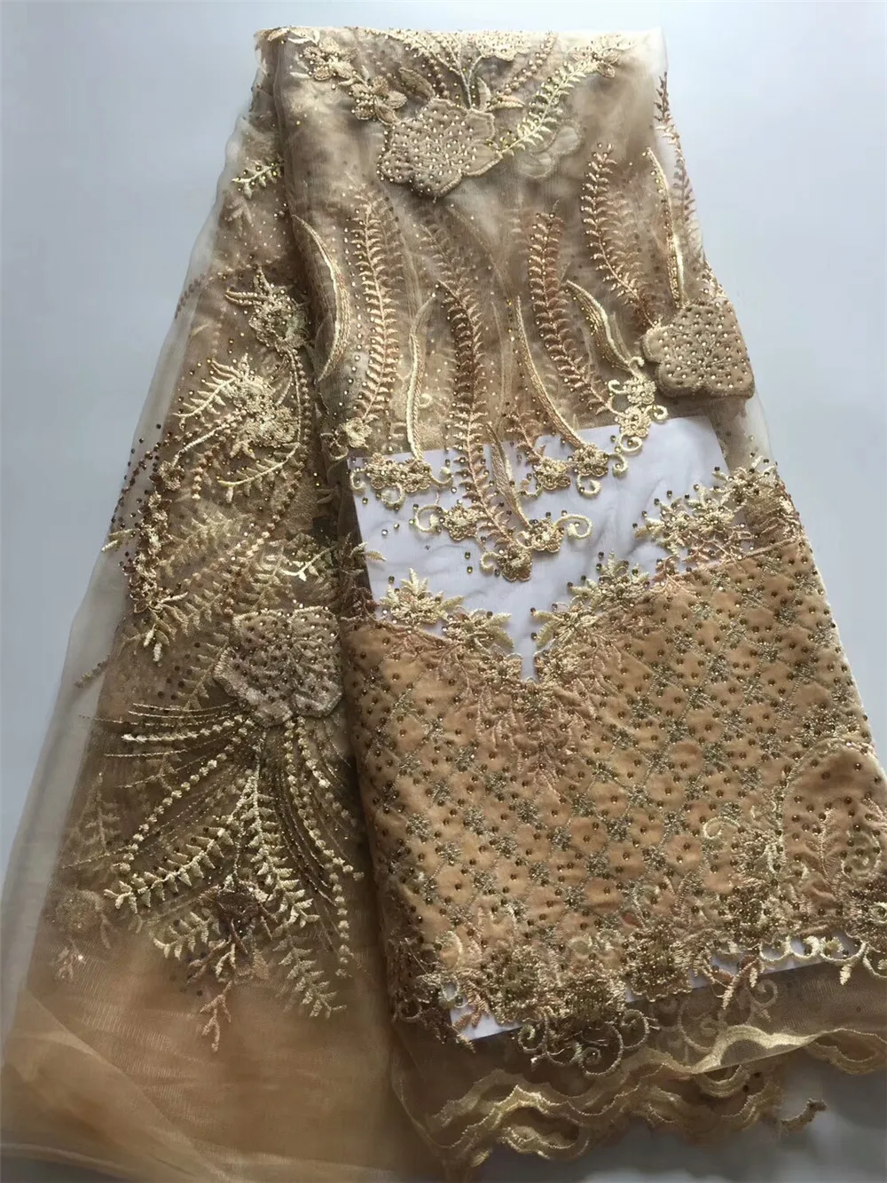 

African Lace Fabric 2020 Peach Embroidered Nigerian Laces Fabric High Quality French Tulle Lace Fabric With stone