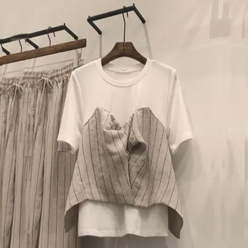 

Women Summer T-shirt New Korean Fashion Vertical Stripes Silk Scarf Patch Short-Sleeved T-shirt Female Casual Temperament Tees