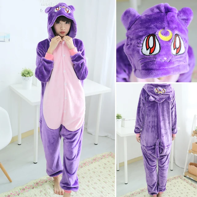 Women Unicorn Totoro Panda Onesies Unisex Winter Men Bear Onesies Kids Nightwear Anime Cosplay Costume Flannel Sleepwear Pajamas Purple Cat