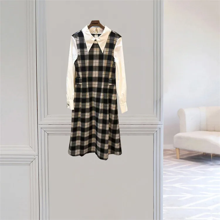 

2020 Spring-New Style High-waisted Plaid Mock Two-Piece A- line Dress Women's Elegant 1ac992681
