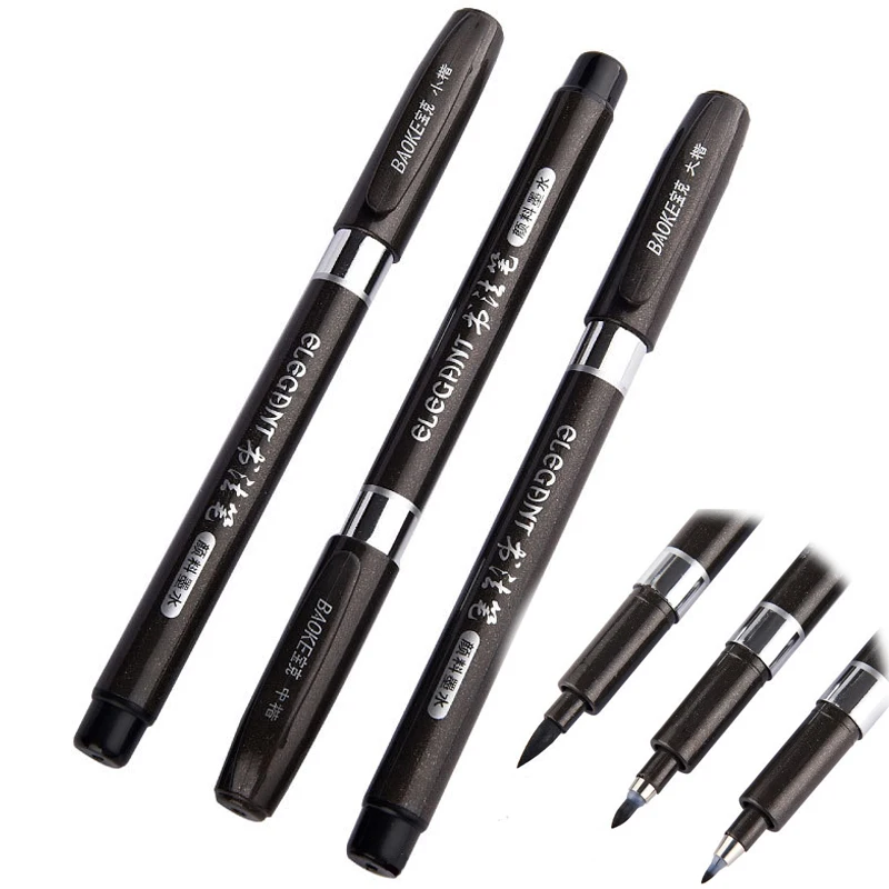 3 Pcs/Lot Baoke Calligraphy Pen Set Pigment Black Ink Small Medium Large Fiber Tip Caligraphy Set Smooth Writing School Supplies