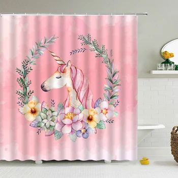

Girls Unicorn Shower Curtains Cartoon lovely Bath Curtain Bathroom Waterproof Polyester Decor Bath Curtain 180*180cm With Hook