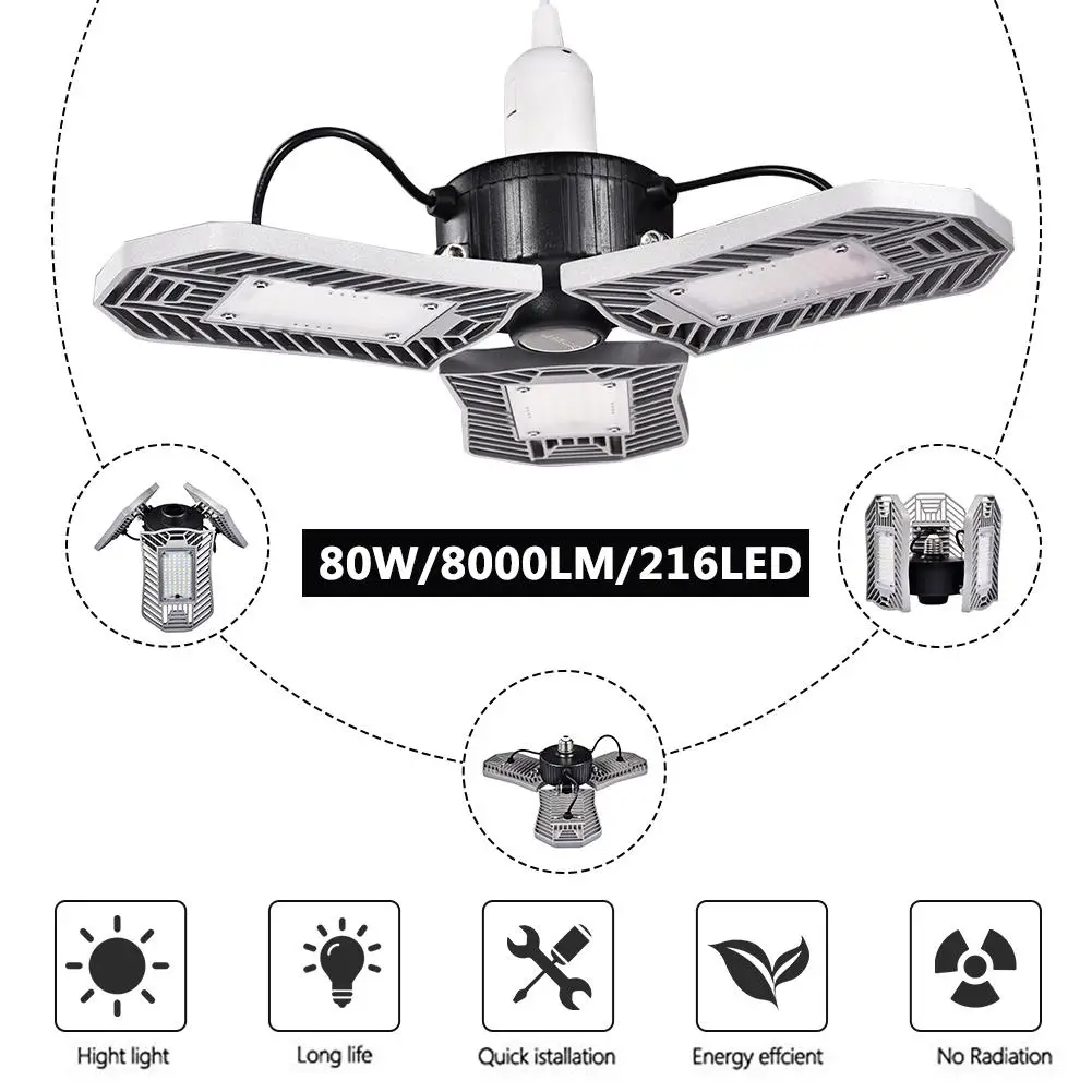 

High Intensity E27 80W 8000LM Led Deformable Lamp Garage light AC85-265V LED Mining Lamps for Garage/ Attic/Basement/Home