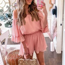 

Women Casual Ruffle Beach Romper Bodysuits Summer Off Shoulder Loose Playsuits 2021 Elegant Flare Sleeve Chiffon Short Jumpsuits