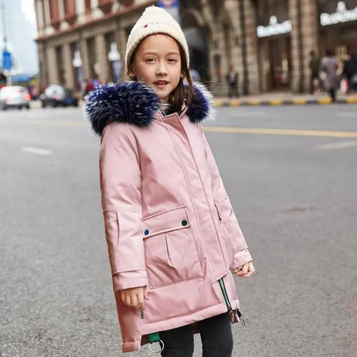 Пуховик для девочек с меховым воротником, зимнее пальто на белом утином пуху утепленная длинная куртка-пуховик для девочек/мам и детей - Цвет: pink