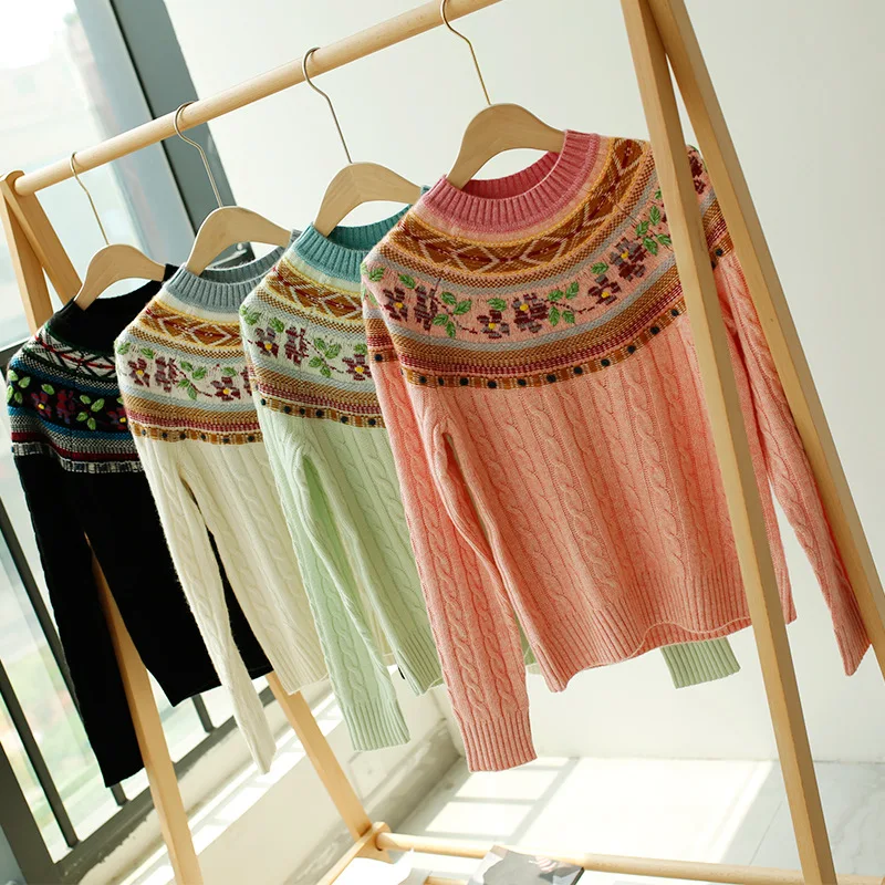 Women Sweater Embroidered Vintage Sweater Women Jacquard Cashmere Knitted Sweater