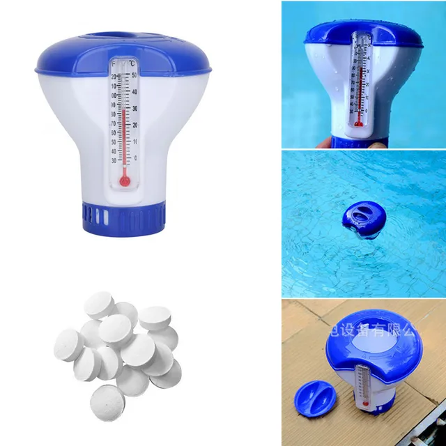 1 Beállítva Az Uszoda Klór Tabletták Pezsgő Fertőtlenítőtisztító Kémiai Úszó Adagoló Hőmérővel